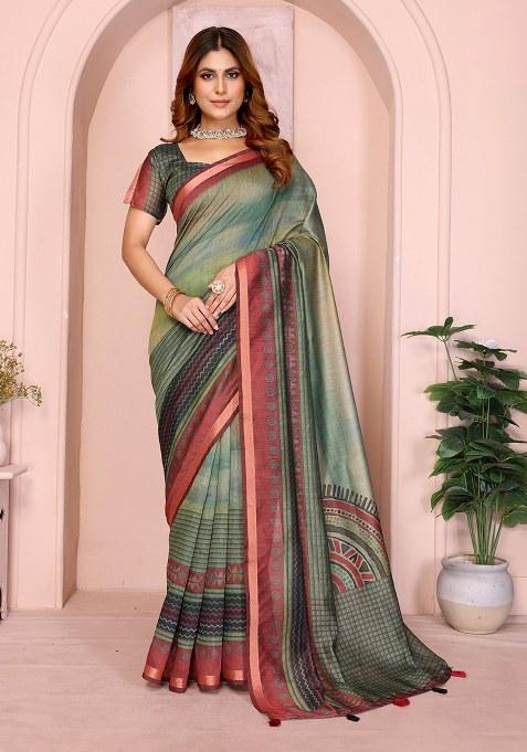 Green Printed Chanderi Saree Set