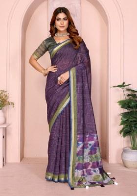 Purple Printed Chanderi Saree Set