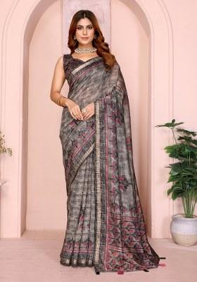 Grey Printed Chanderi Saree Set