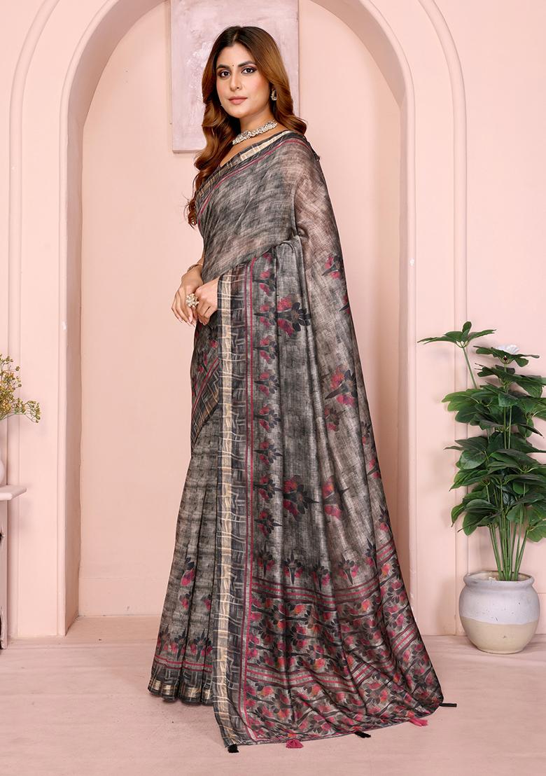 Grey Printed Chanderi Saree Set - Indya