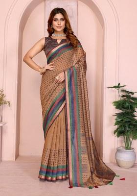 Orange Printed Chanderi Saree Set