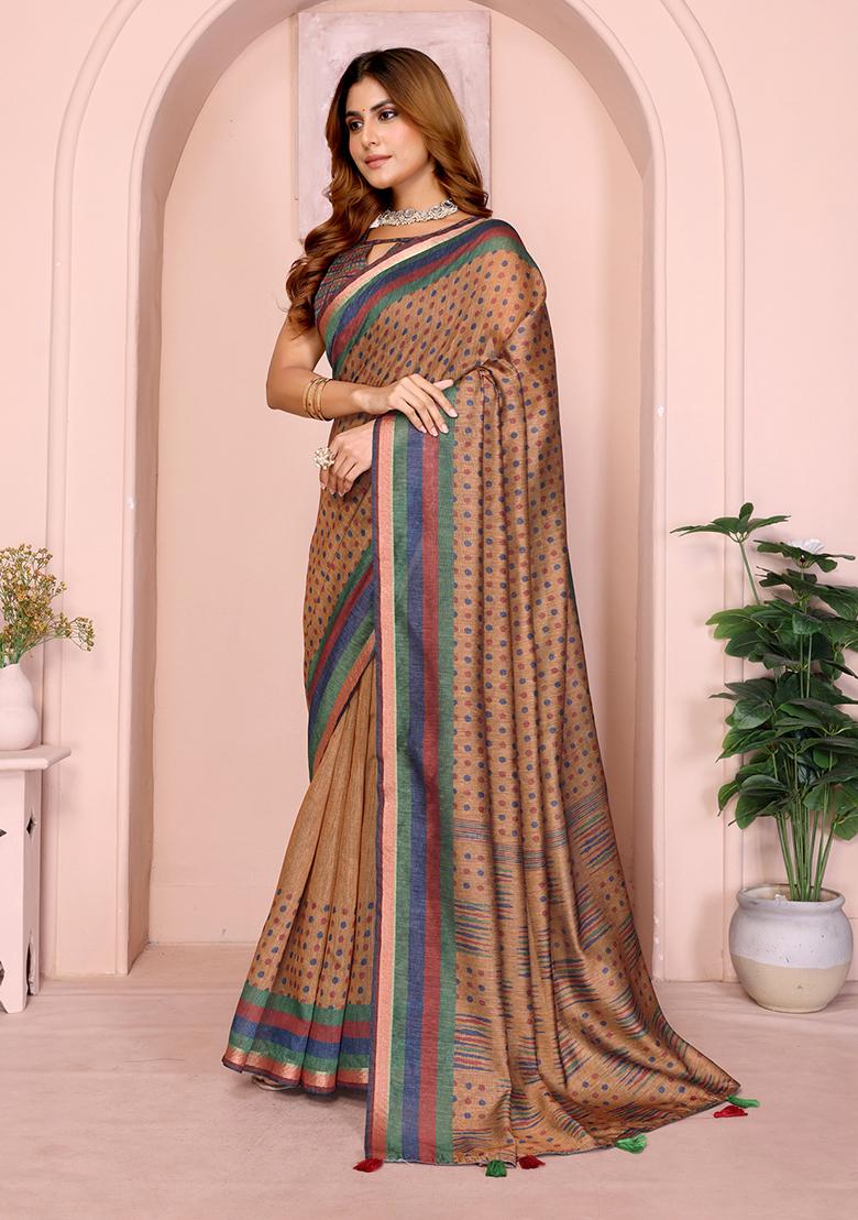 Orange Printed Chanderi Saree Set - Indya