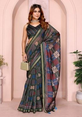 Bottle Green Printed Chanderi Saree Set