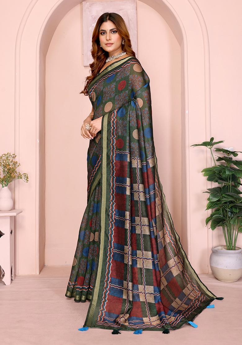 Bottle Green Printed Chanderi Saree Set - Indya