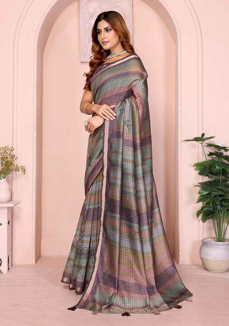 Grey Printed Chanderi Saree Set - Indya