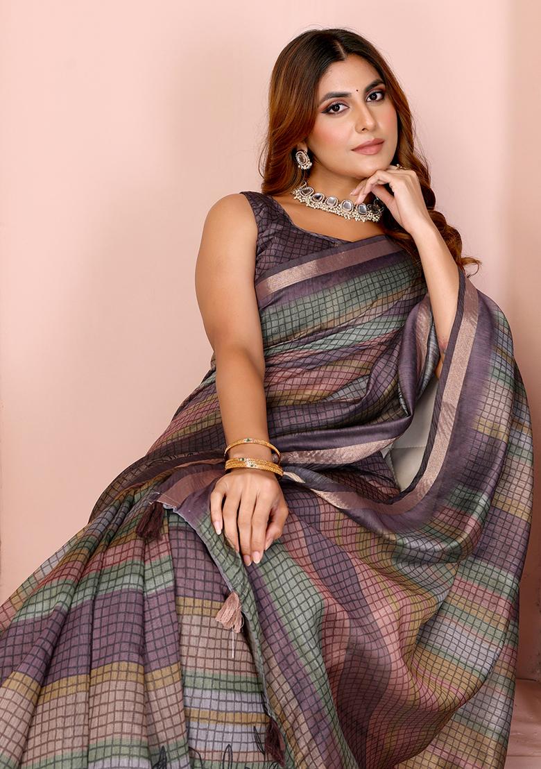 Grey Printed Chanderi Saree Set - Indya