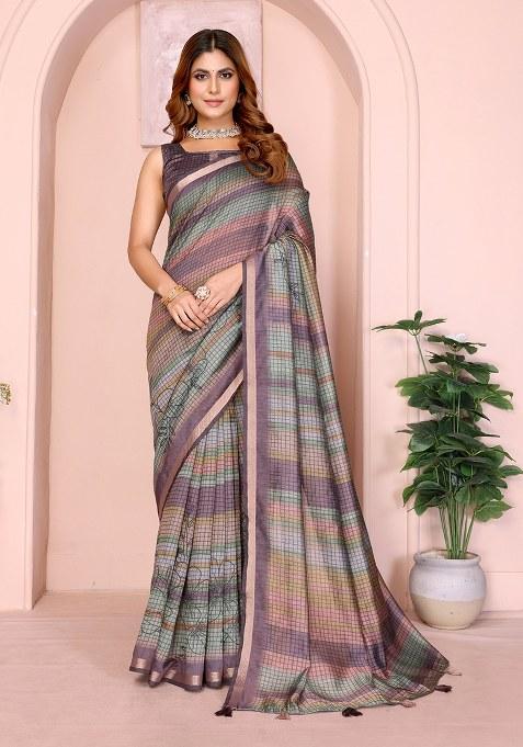 Grey Printed Chanderi Saree Set