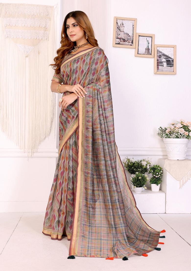 Beige Printed Chanderi Saree Set - Indya