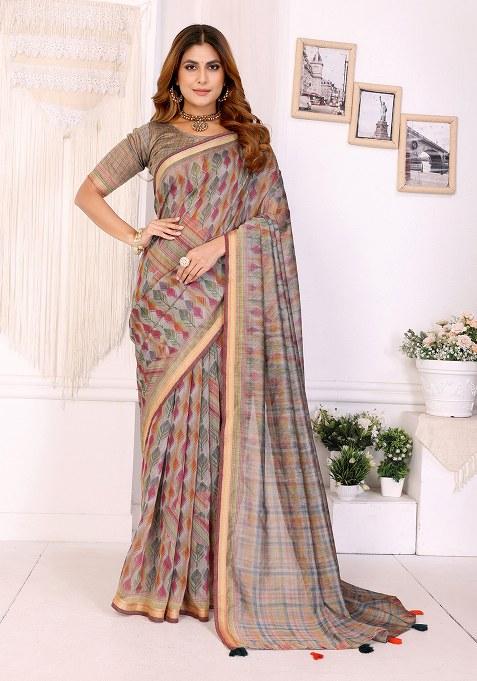 Beige Printed Chanderi Saree Set