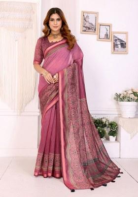 Pink Printed Chanderi Saree Set