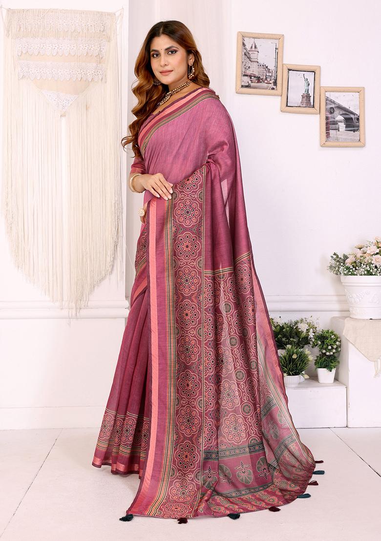 Pink Printed Chanderi Saree Set - Indya
