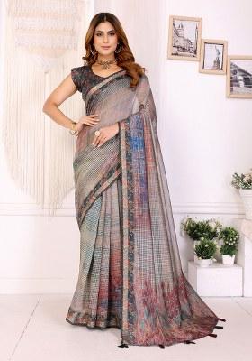 Grey Printed Chanderi Saree Set
