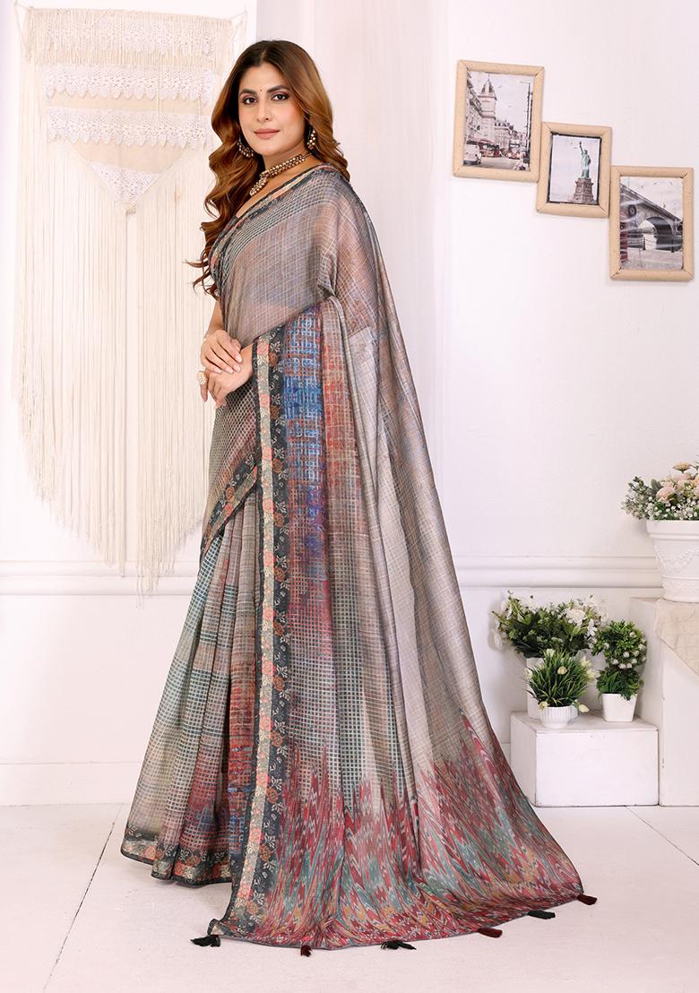 Grey Printed Chanderi Saree Set - Indya