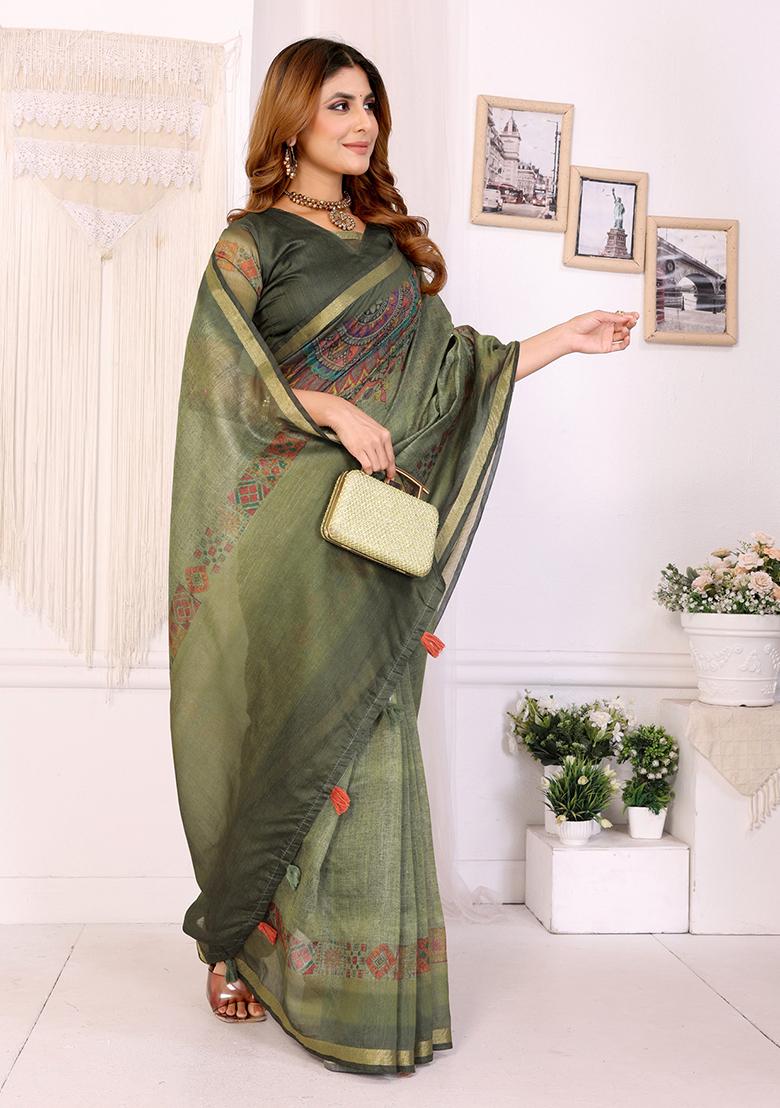 Green Printed Chanderi Saree Set - Indya