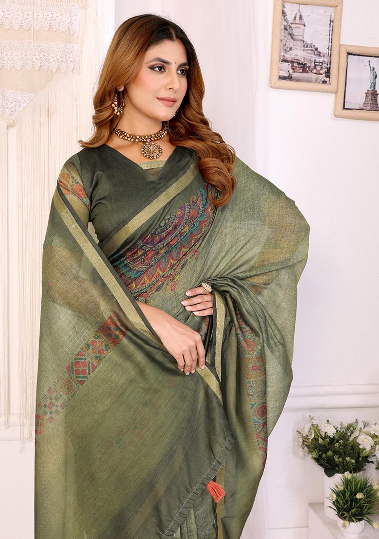 Green Printed Chanderi Saree Set - Indya