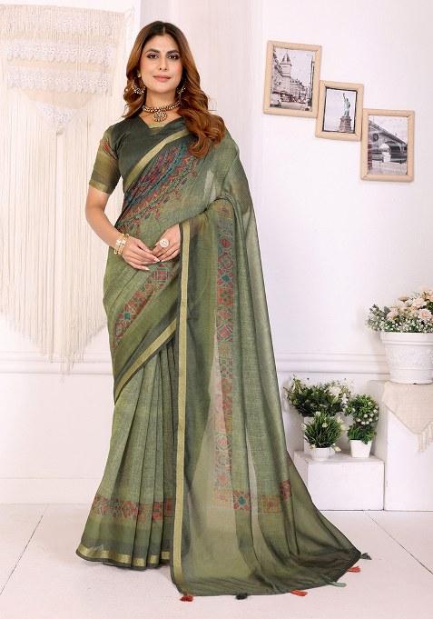 Green Printed Chanderi Saree Set