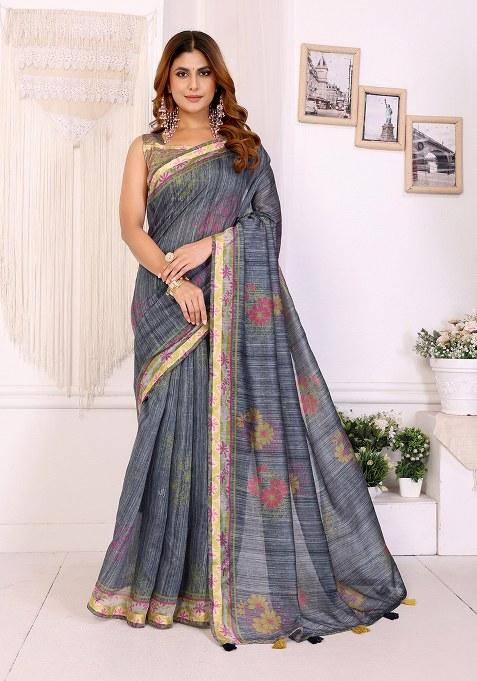 Grey Printed Chanderi Saree Set
