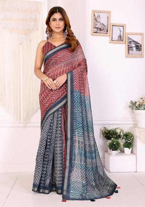 Red Grey Printed Chanderi Saree Set