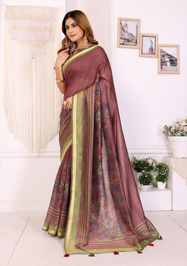 Maroon Printed Chanderi Saree Set - Indya
