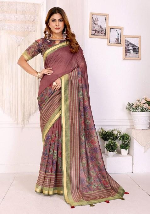 Maroon Printed Chanderi Saree Set
