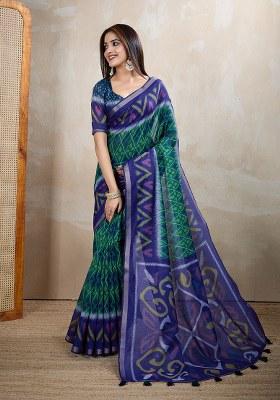 Rama Blue Printed Chanderi Saree Set