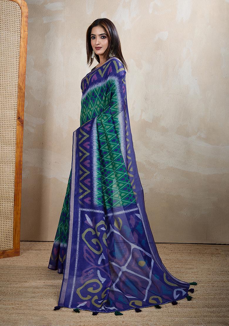 Rama Blue Printed Chanderi Saree Set - Indya