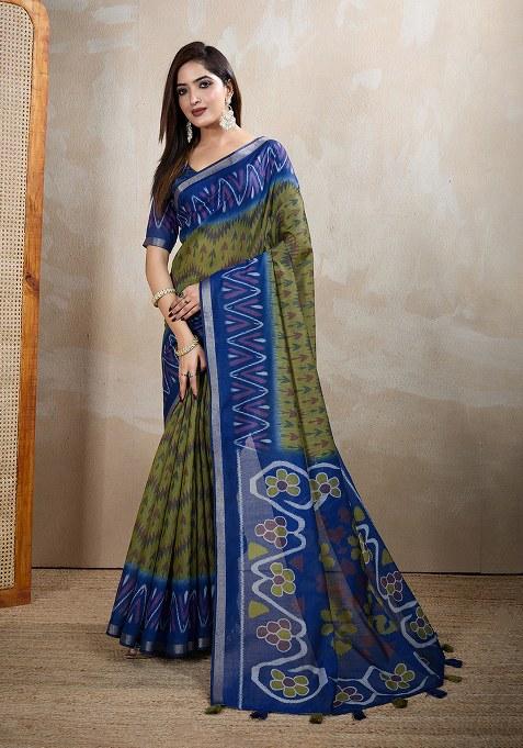 Mehendi Printed Chanderi Saree Set