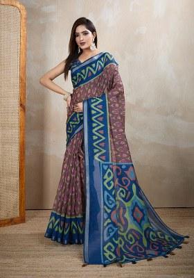 Brown Printed Chanderi Saree Set