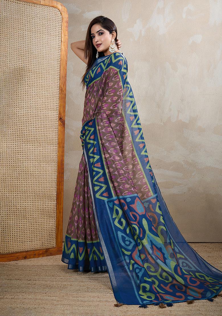 Brown Printed Chanderi Saree Set - Indya