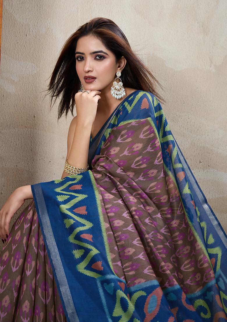 Brown Printed Chanderi Saree Set - Indya