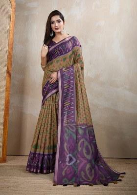 Cream Printed Chanderi Saree Set