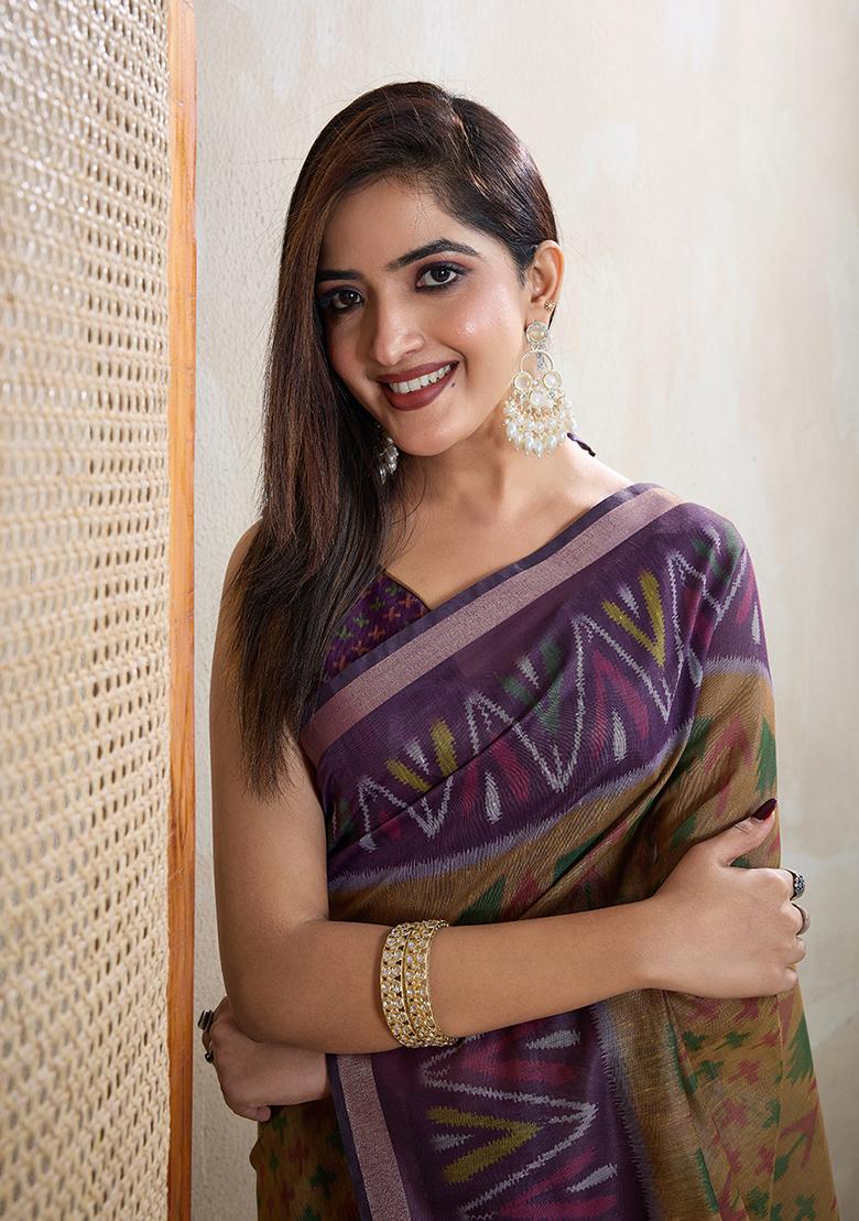 Cream Printed Chanderi Saree Set - Indya