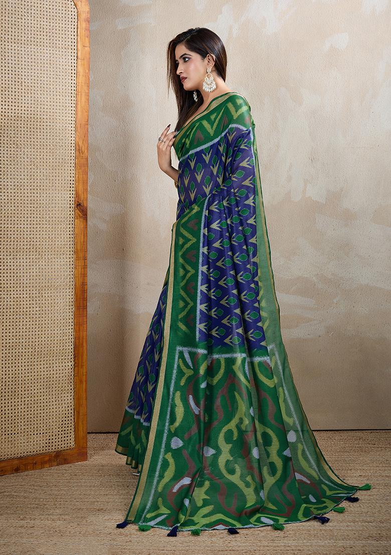 Blue Printed Chanderi Saree Set - Indya