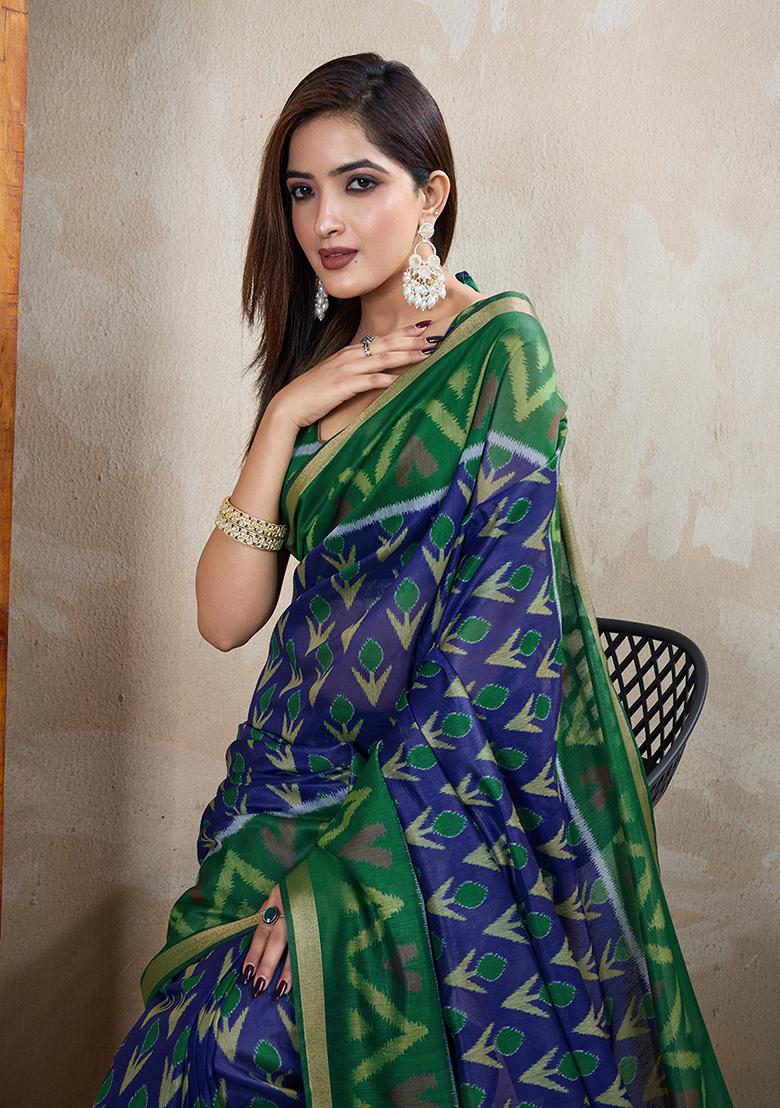 Blue Printed Chanderi Saree Set - Indya
