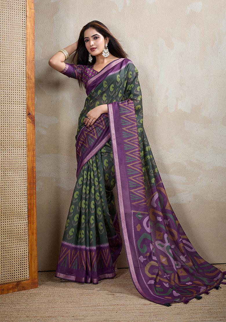 Bottle Green Printed Chanderi Saree Set - Indya
