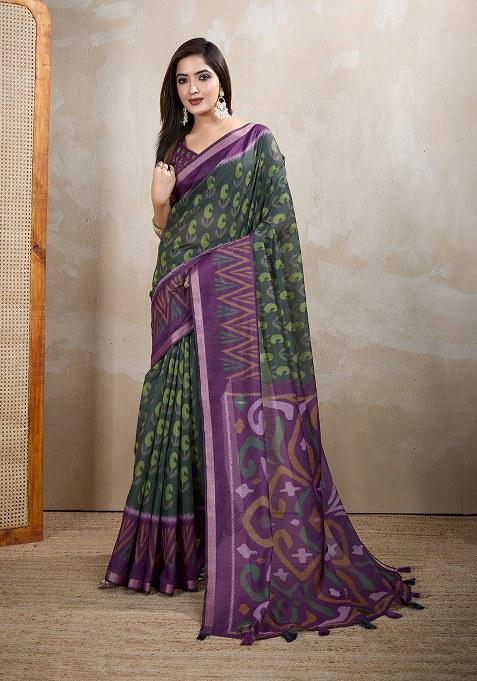 Bottle Green Printed Chanderi Saree Set