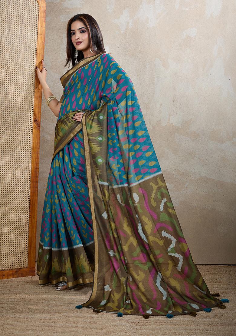 Aqua Blue Printed Chanderi Saree Set - Indya