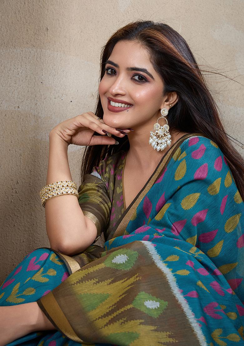 Aqua Blue Printed Chanderi Saree Set - Indya