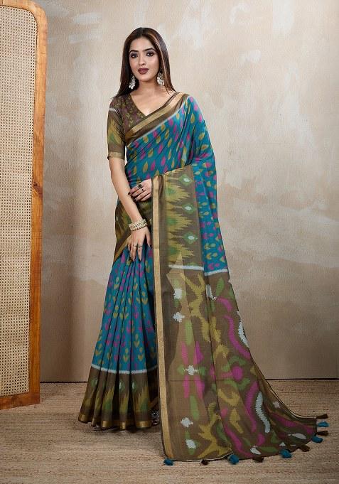 Aqua Blue Printed Chanderi Saree Set