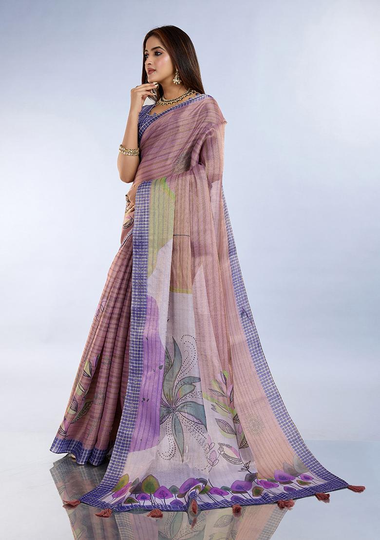 Light Purple Printed Silk Saree Set - Indya