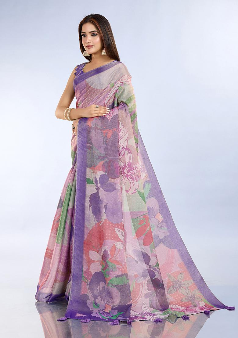 Lavender Printed Silk Saree Set - Indya