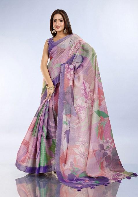 Lavender Printed Silk Saree Set