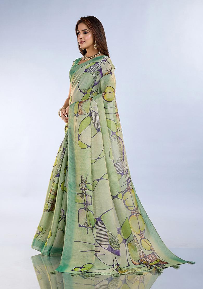 Light Green Printed Silk Saree Set - Indya