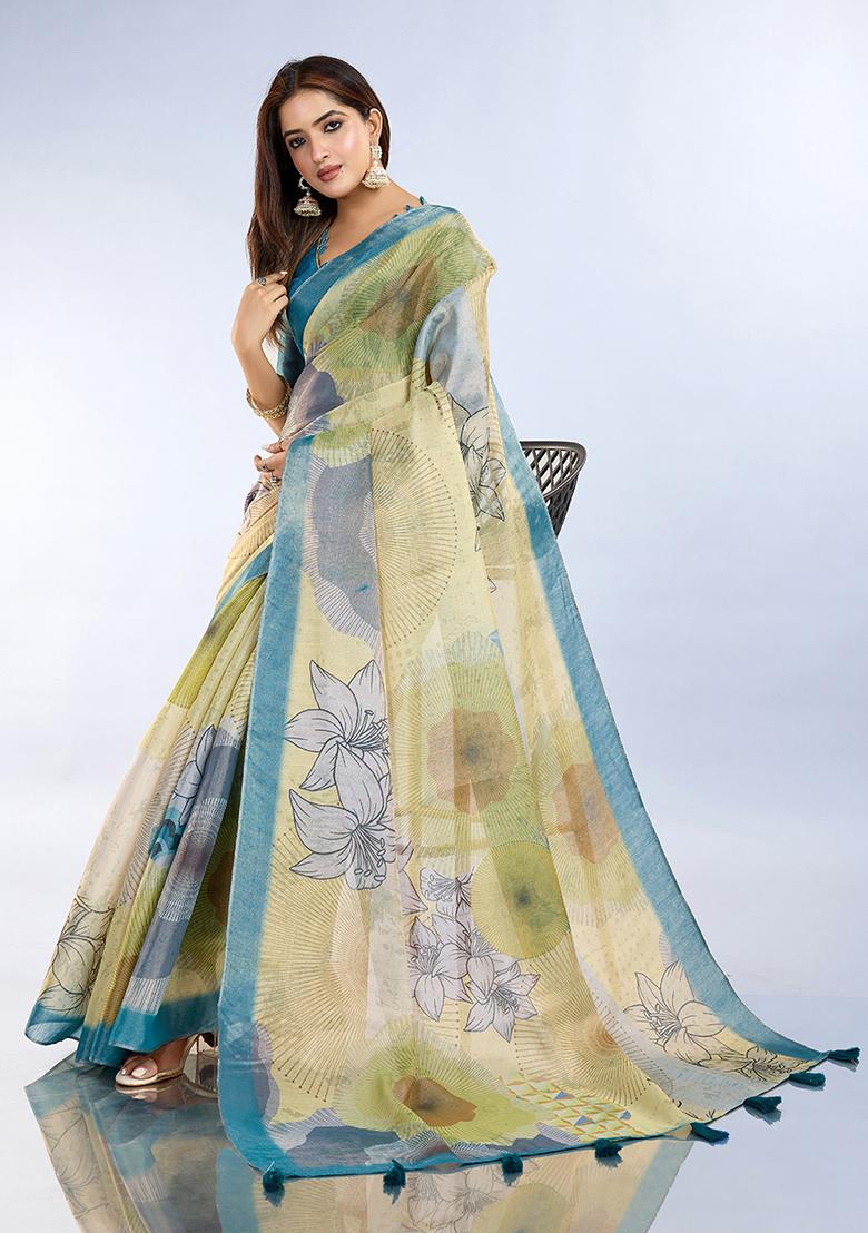 Mint Green Printed Silk Saree Set - Indya
