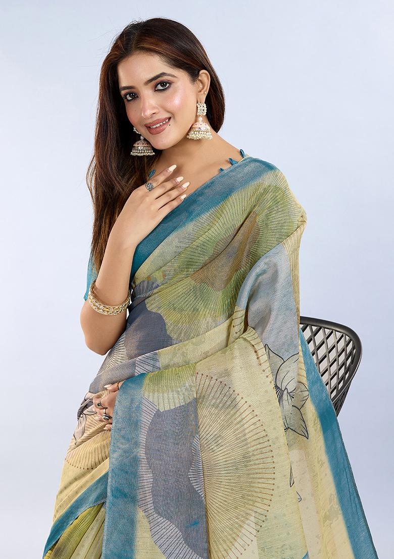 Mint Green Printed Silk Saree Set - Indya