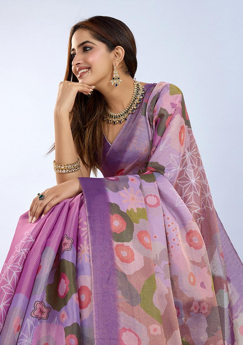 Purple Printed Silk Saree Set - Indya