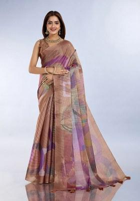 Brown Printed Silk Saree Set