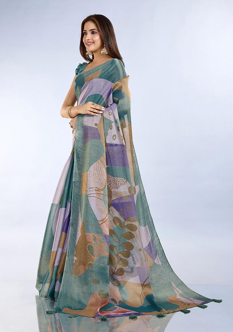 Dark Rama Printed Silk Saree Set - Indya