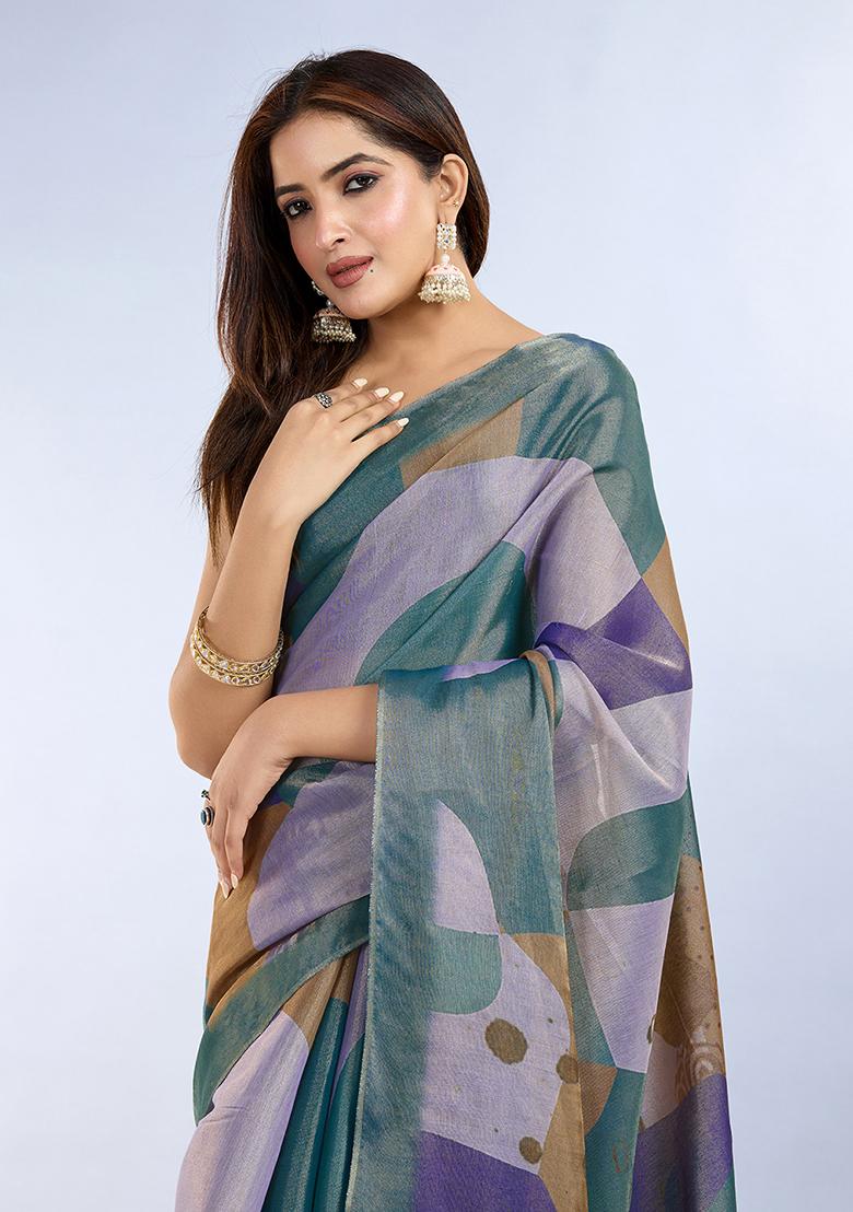 Dark Rama Printed Silk Saree Set - Indya