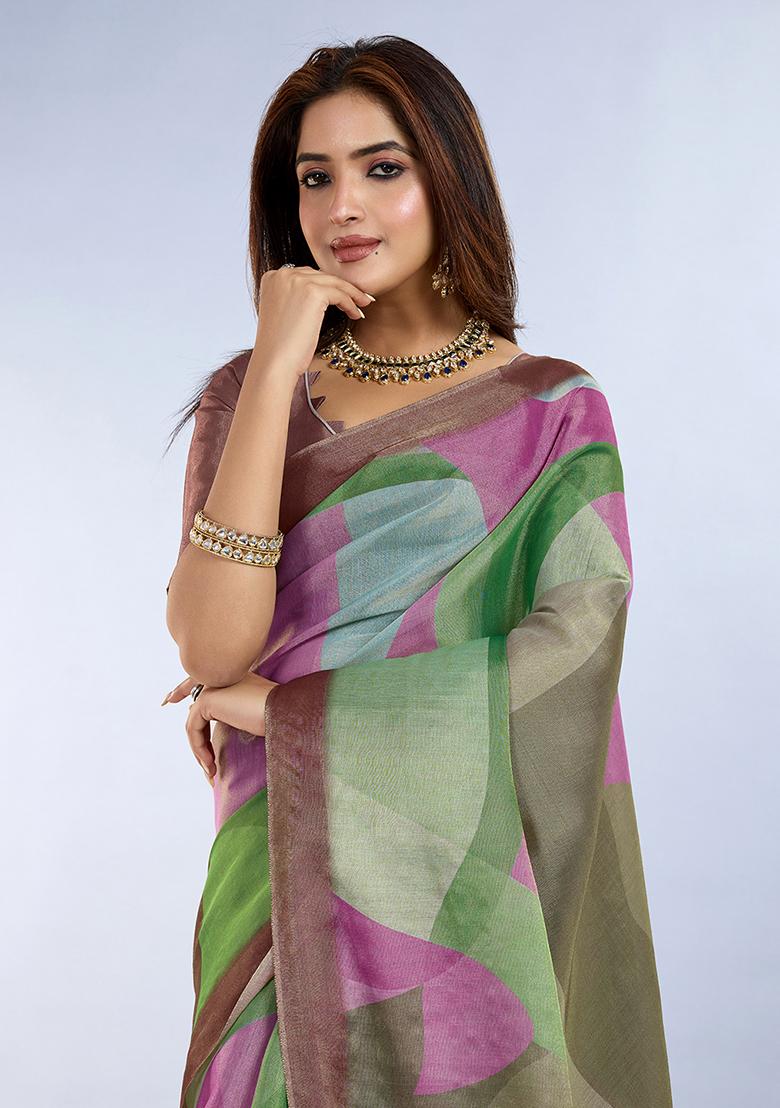 Green Printed Silk Saree Set - Indya